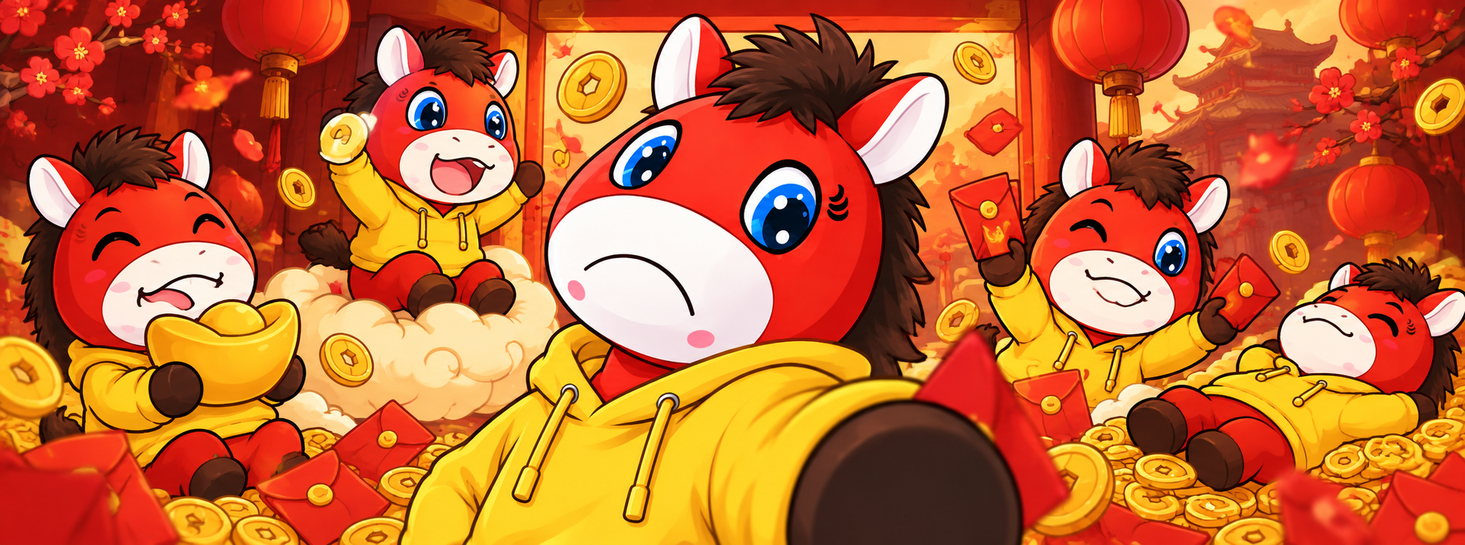 Festive scene with the Crying Horse mascot