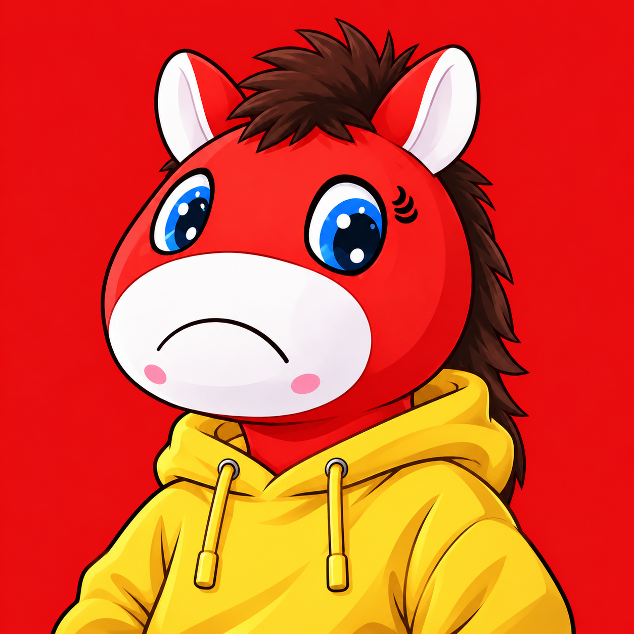 Red Crying Horse in a yellow hoodie